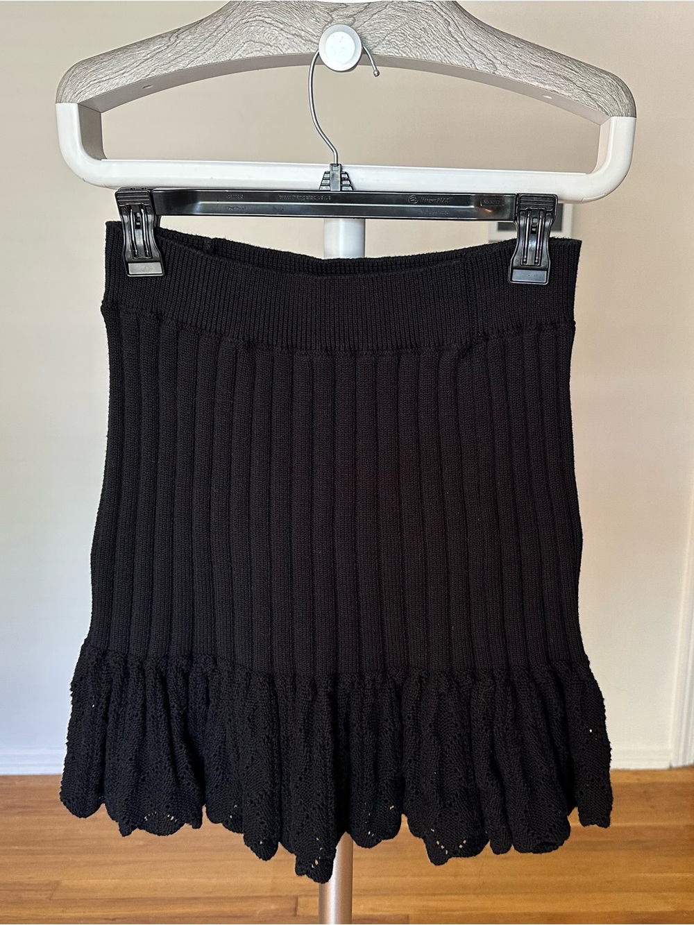 Free People Black Ribbed Knit Mini Skirt with Ruffle Hem size S